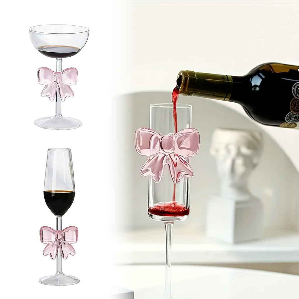 Coquette Glass Cups pink bow champagne tall wine glass sparkling suitable for family dining table outdoor party festival ﻿